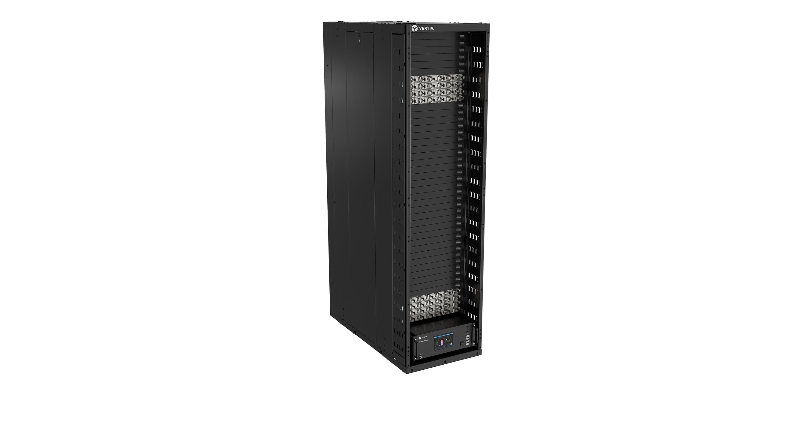Vertiv SmartIT pre-engineered rack for AI infrastructure, a black rack with a Vertiv control unit at the base