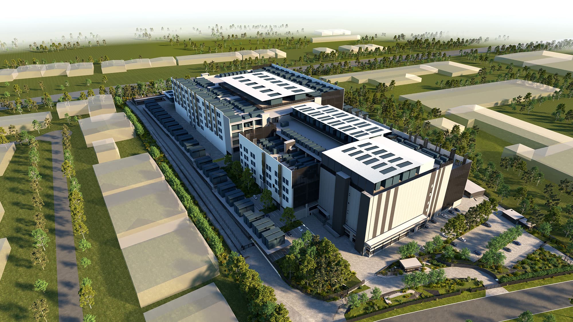 Aerial rendering of AirTrunk's SYD3 data center campus in Huntingwood, Western Sydney, with rooftop plant and cooling equipment