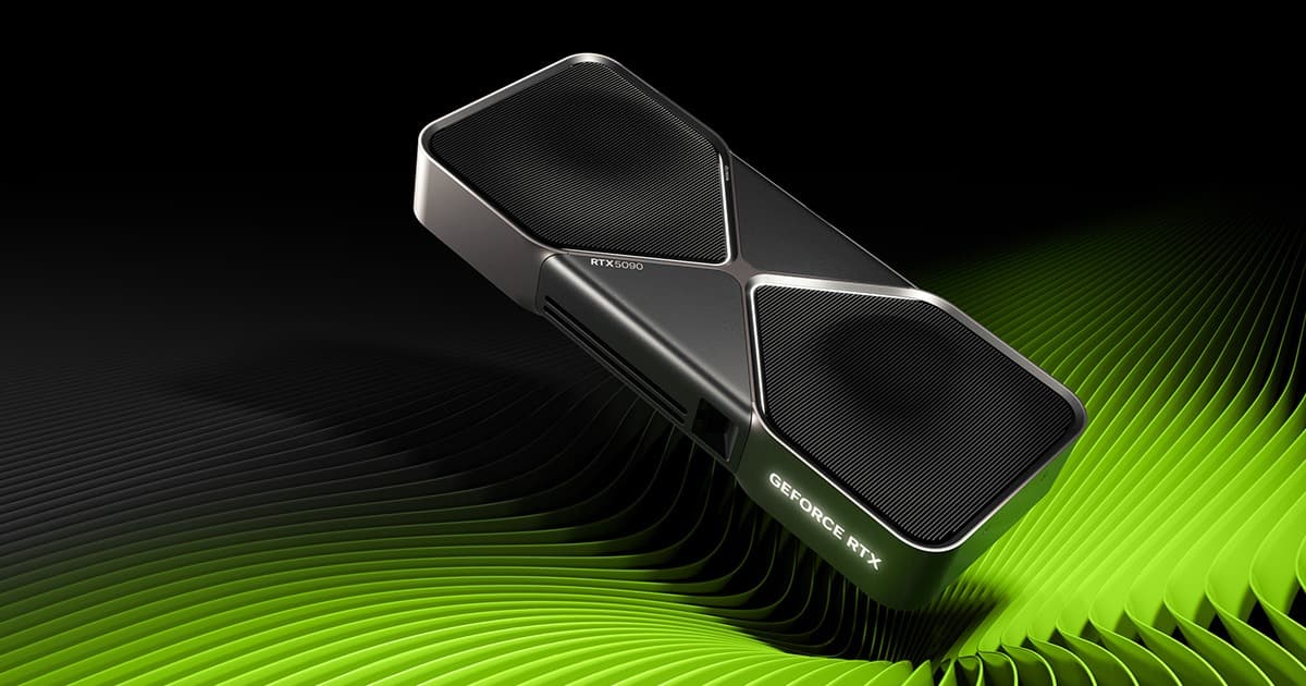 NVIDIA GeForce RTX 50 Series graphics card on a black and green abstract background, official NVIDIA image