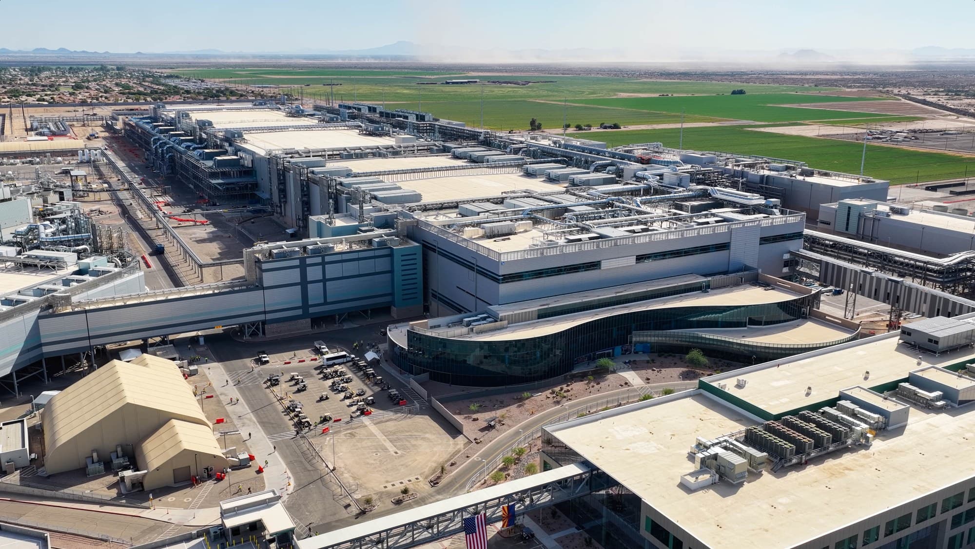 Aerial view of Intel's Fab 52 semiconductor fab in Chandler, Arizona, one of the company's US fabs