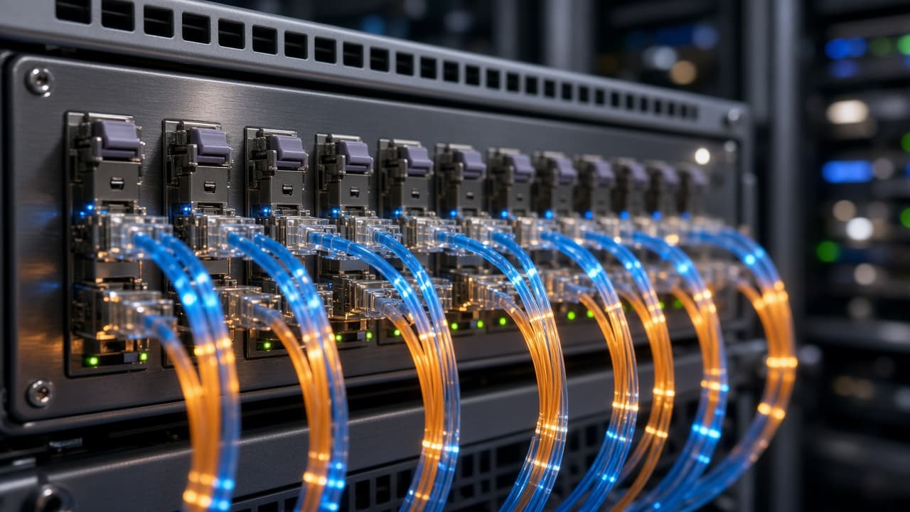 Network switch faceplate filled with pluggable optical modules and glowing fiber cables