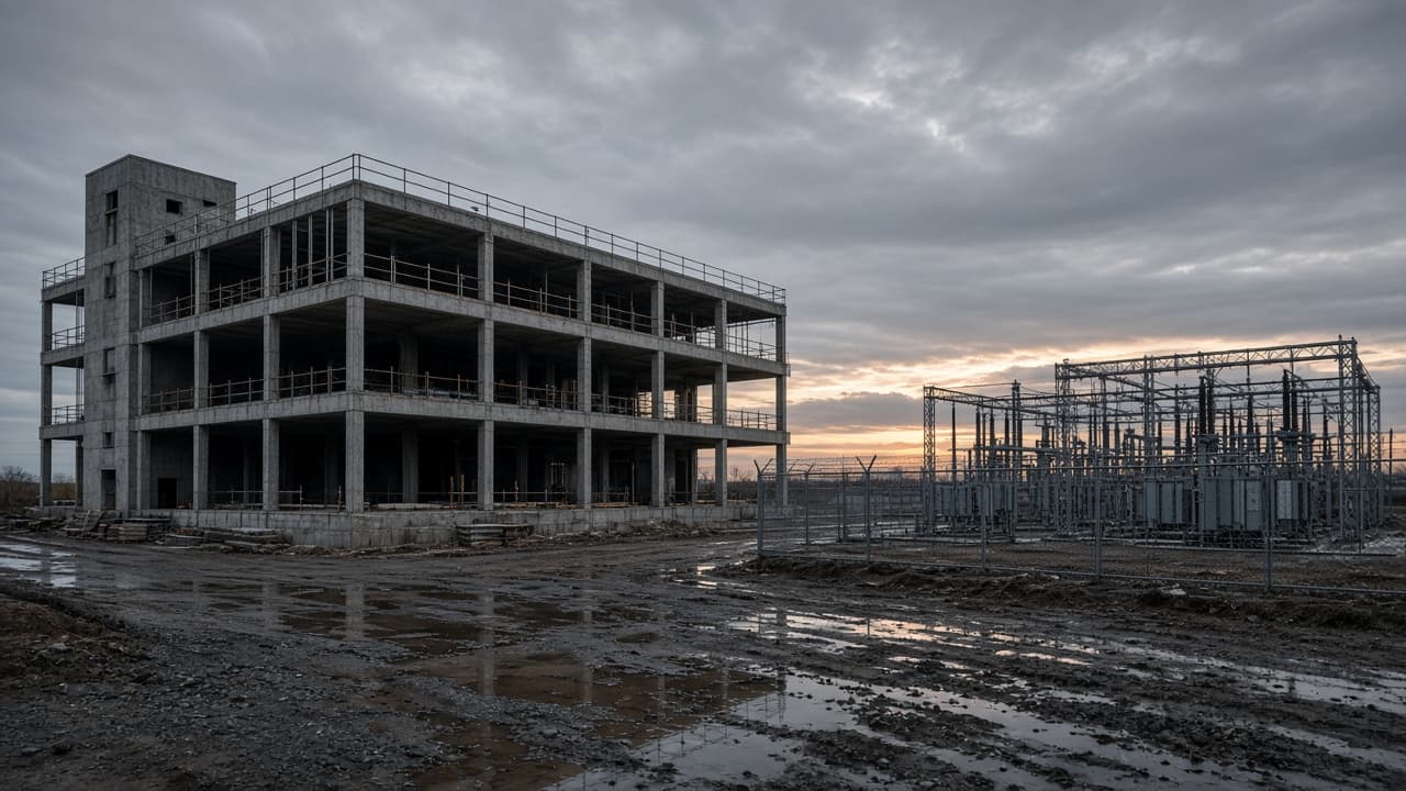 Unfinished concrete data center shell beside a substation at dusk