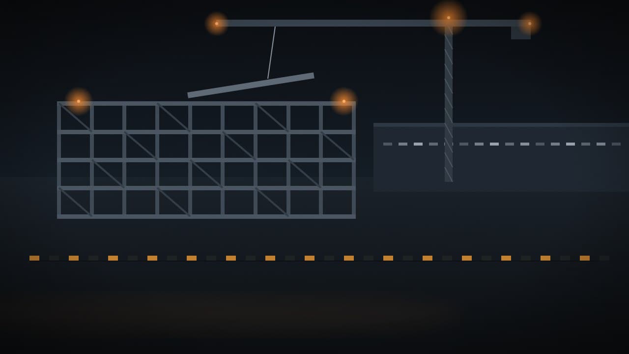 Illustration of an unfinished steel fab frame at night beside a tower crane, with amber warning lights and barrier tape.
