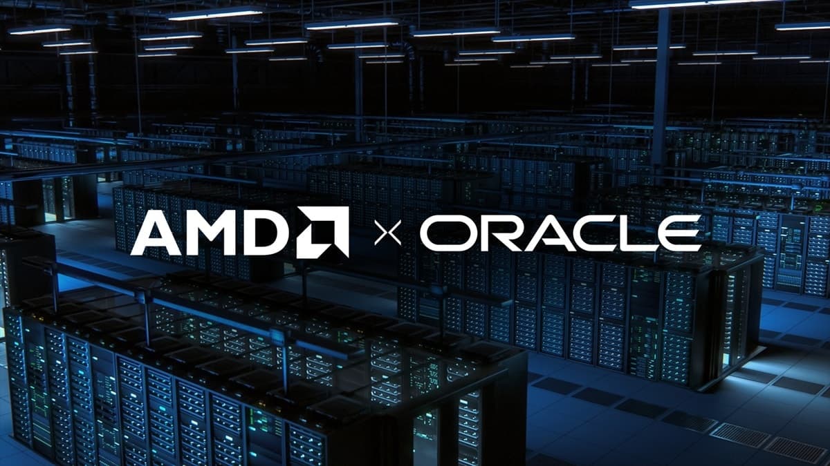 AMD and Oracle co-branded press image: a dark data center hall with rows of server racks and the AMD x Oracle logos.