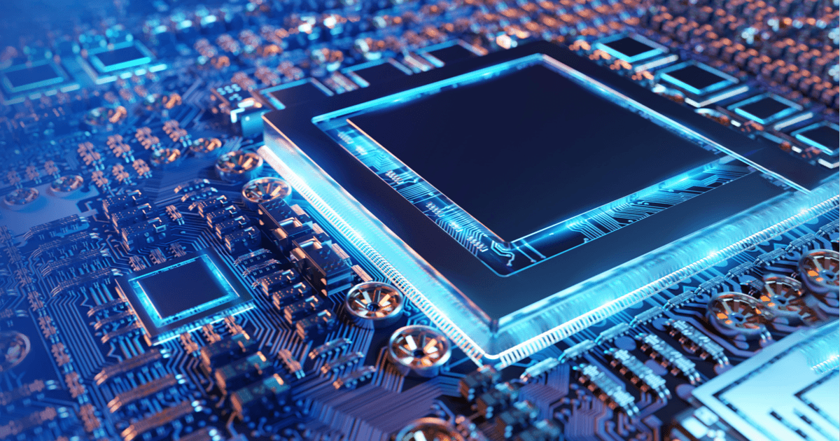Glowing processor chip on a blue circuit board, Samsung Foundry process technology page graphic