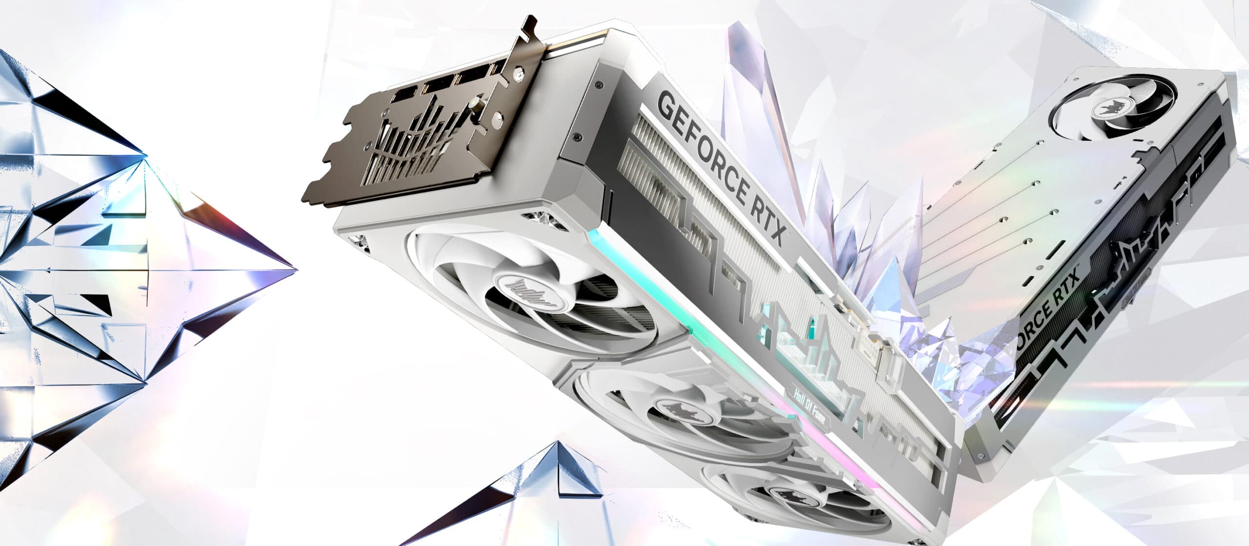White GALAX GeForce RTX HOF graphics card shown from two angles among crystal shards, from GALAX's press page