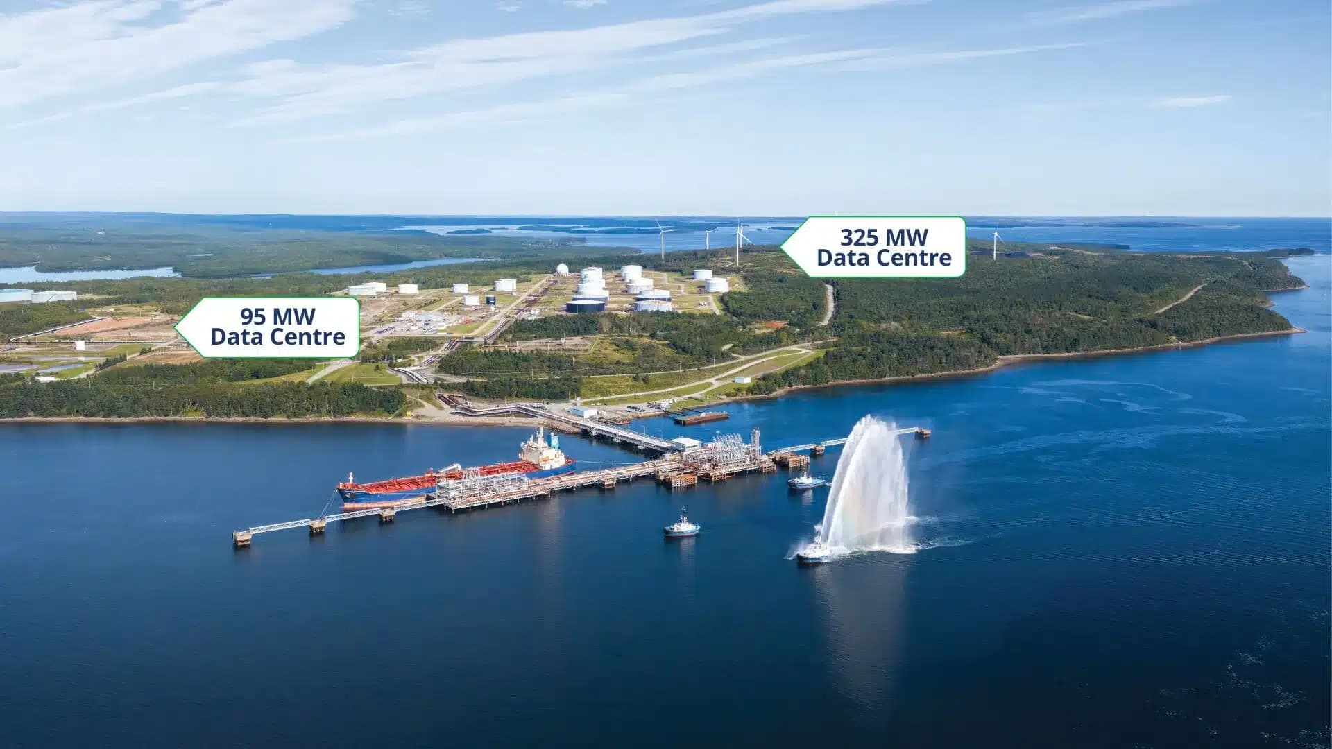 Aerial view of the Point Tupper, Nova Scotia marine terminal and site, with labels for a 95 MW and a 325 MW data centre phase