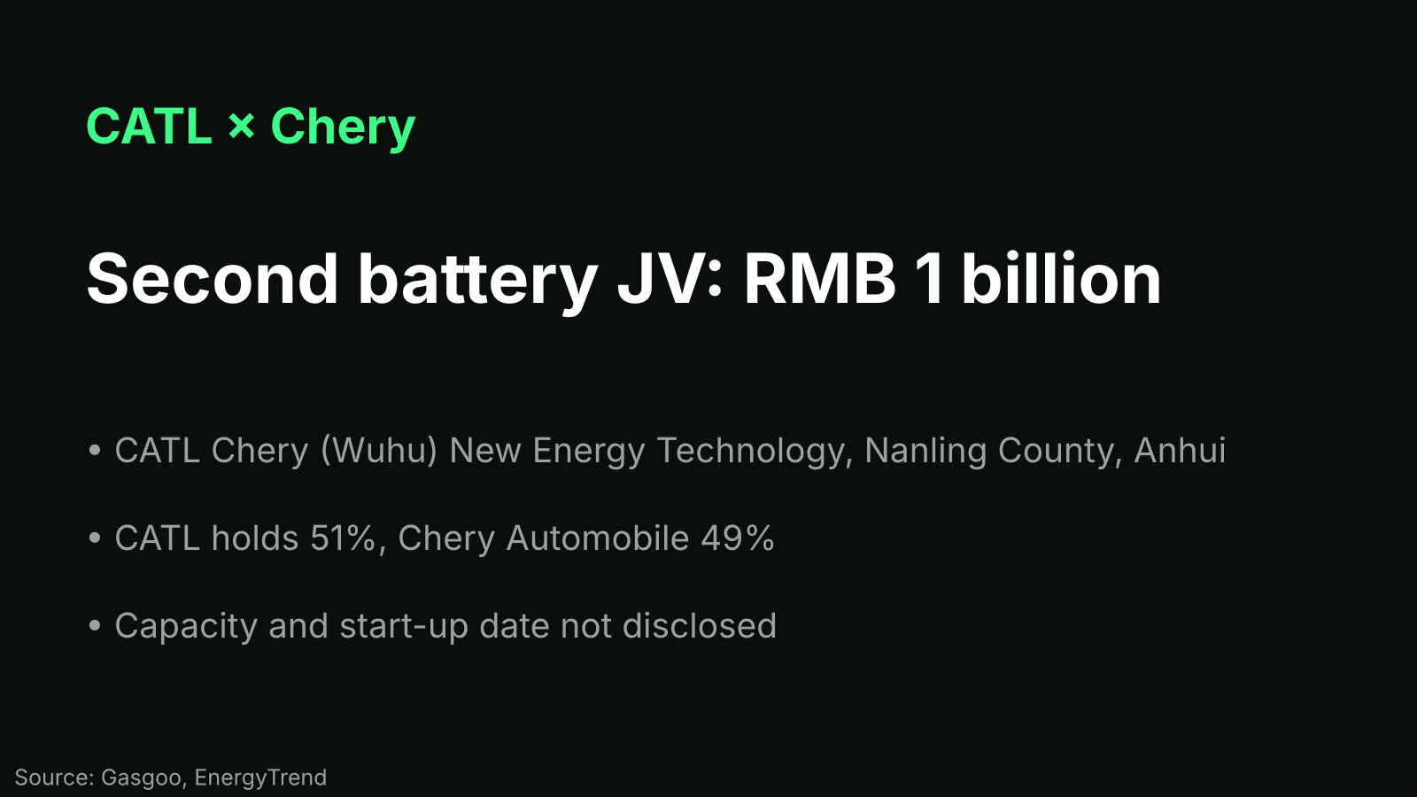 Key-facts card for the CATL and Chery Wuhu battery joint venture with 1 billion yuan capital and 51/49 split