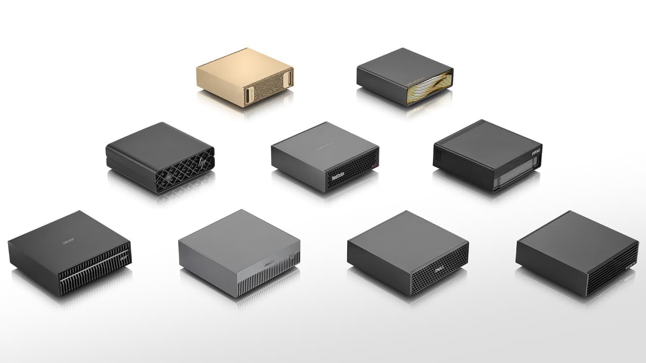 NVIDIA DGX Spark family: the gold Founders Edition GB10 mini PC and eight partner GB10 systems from HP, Lenovo, MSI, Acer, ASUS, Dell and Gigabyte