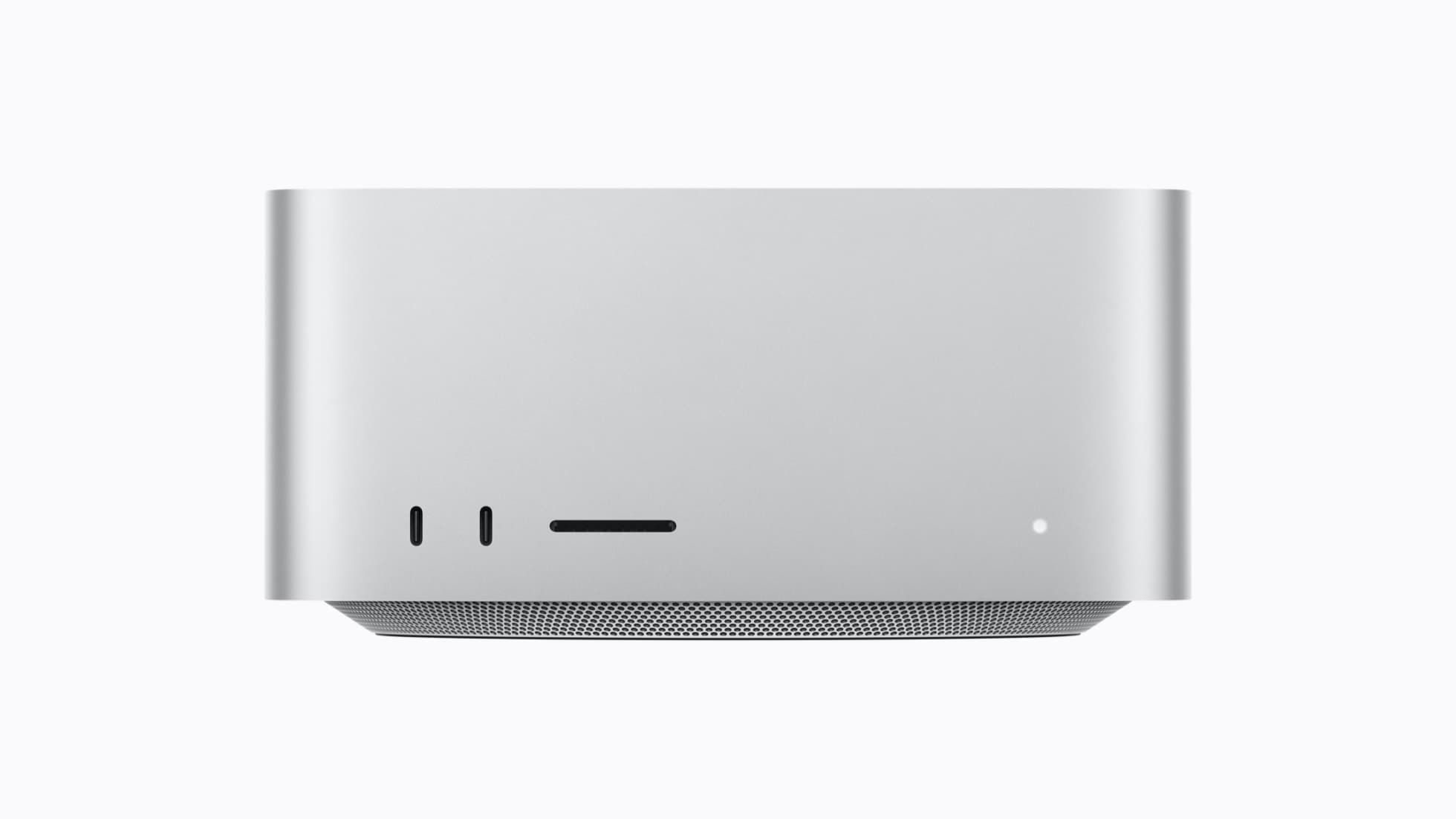 Apple Mac Studio desktop seen from the front, the M5 Ultra model now orderable with 512GB of unified memory