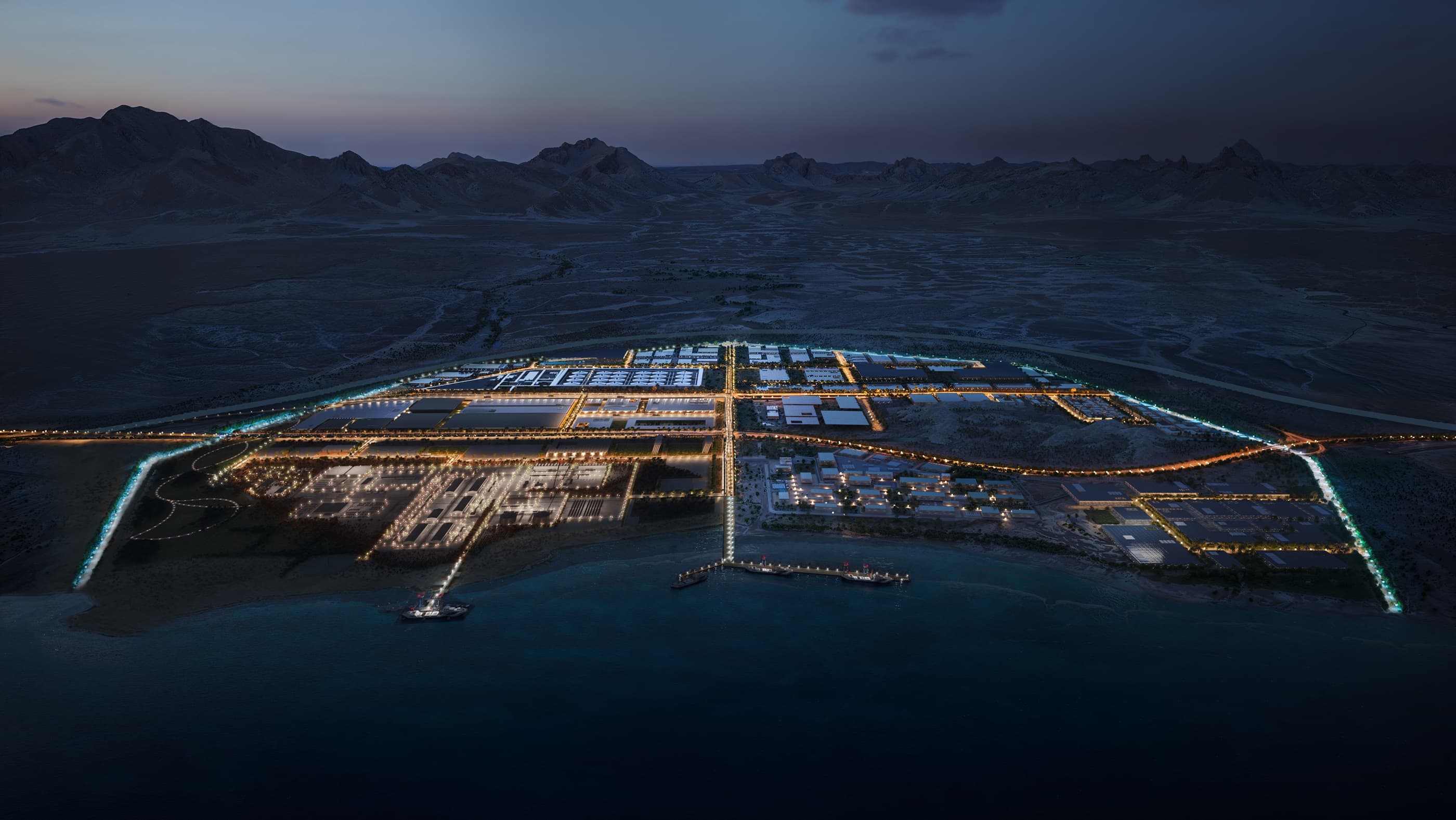 Aerial rendering of NEOM's Oxagon industrial city at dusk on Saudi Arabia's Red Sea coast, site of the HUMAIN and DataVolt campus for Nebius