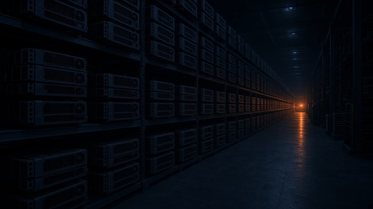 Illustration of a dim warehouse aisle lined with rows of generic, unbranded graphics cards on shelves.