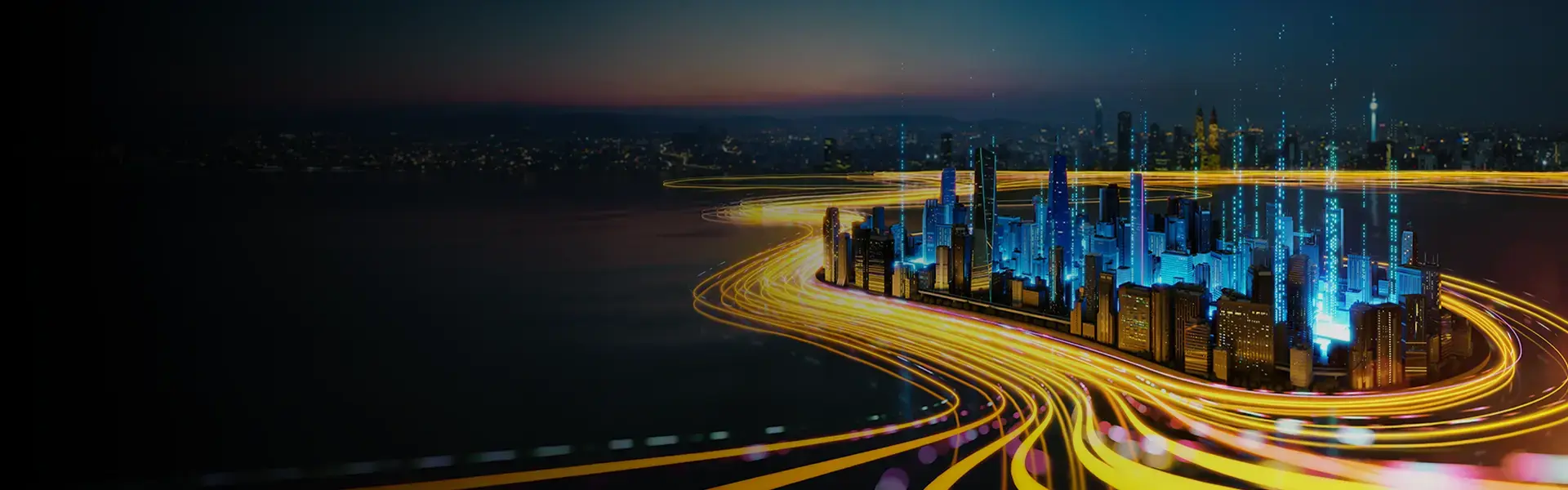 Illustration of a lit city skyline with streams of yellow light curving toward it, used by Tata Communications for its India AI super highway fiber project