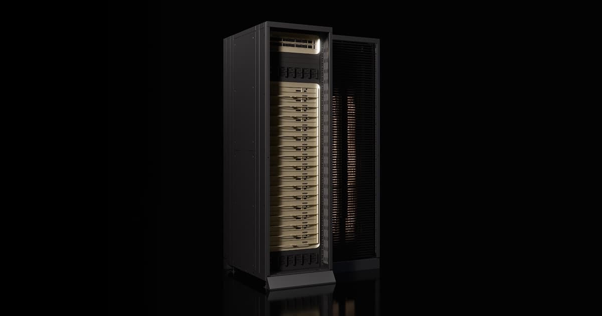 NVIDIA Groq 3 LPX rack with open door showing stacked compute trays