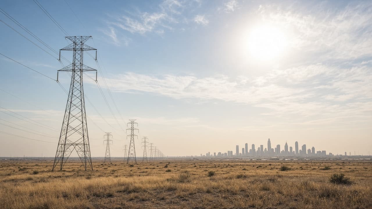 Transmission towers across dry Texas plains under a hot hazy sky with a city skyline in the distance