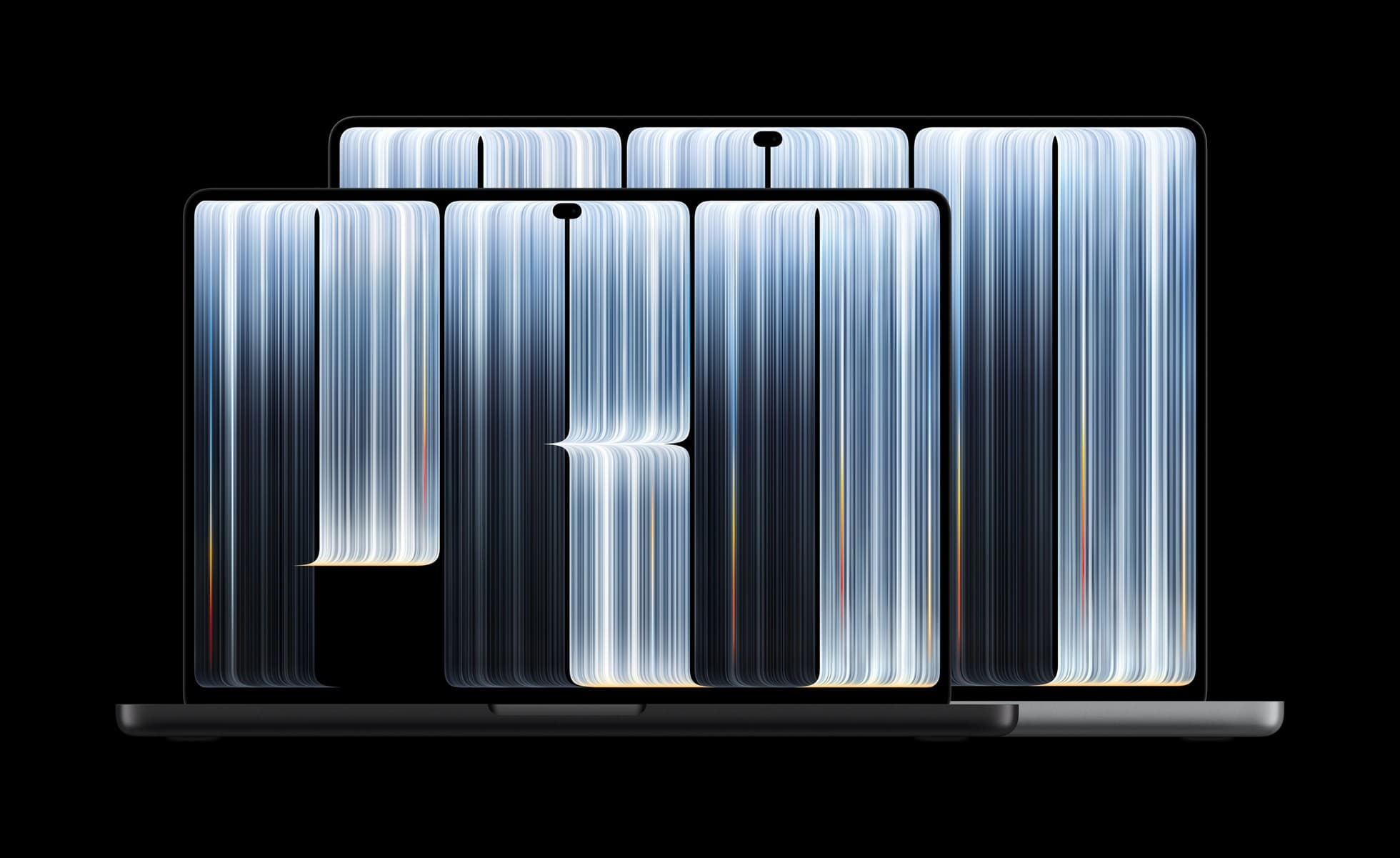 Apple 14-inch and 16-inch MacBook Pro with PROLED XDR Display open side by side, tandem OLED screens lit