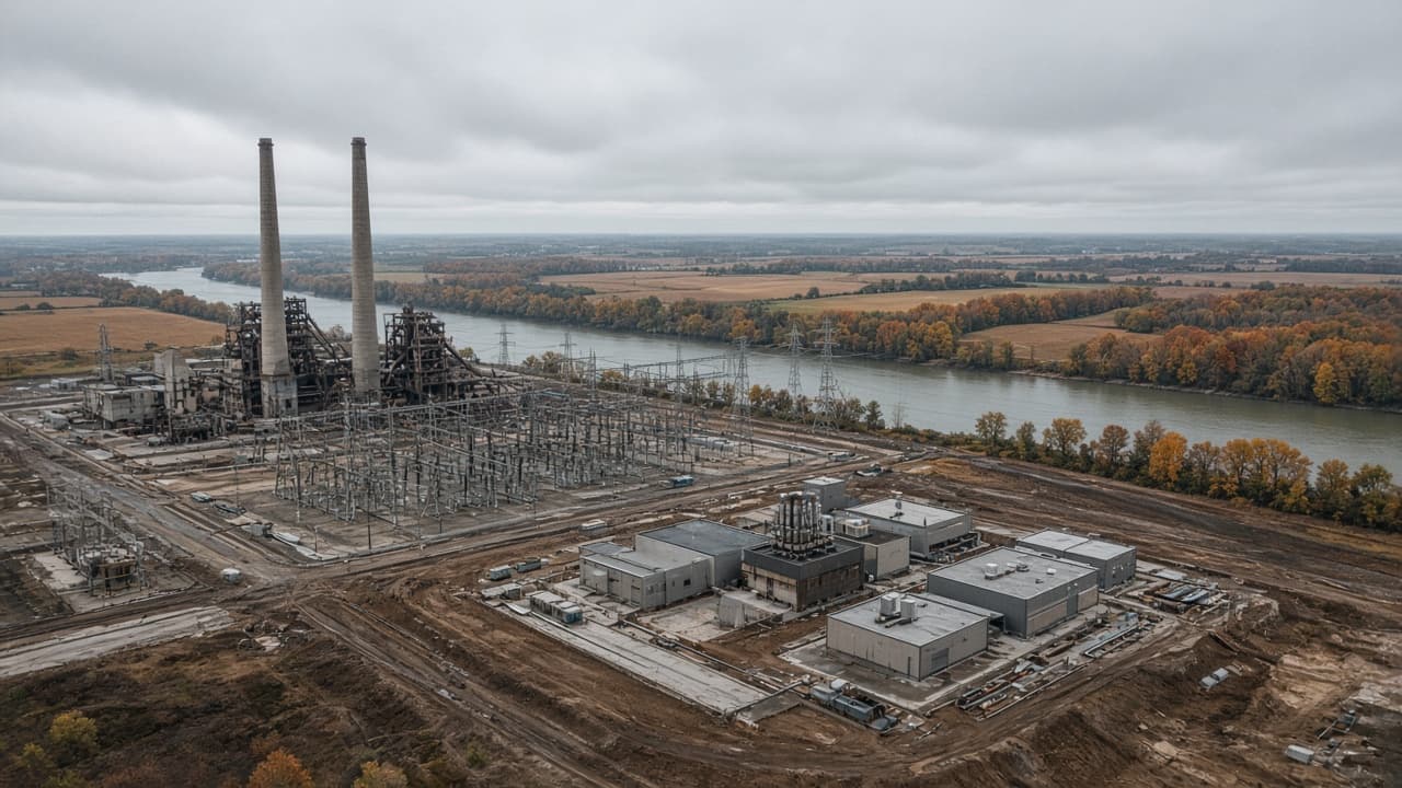 Retired coal plant with substation and transmission lines beside a river in autumn farmland, with new compact buildings