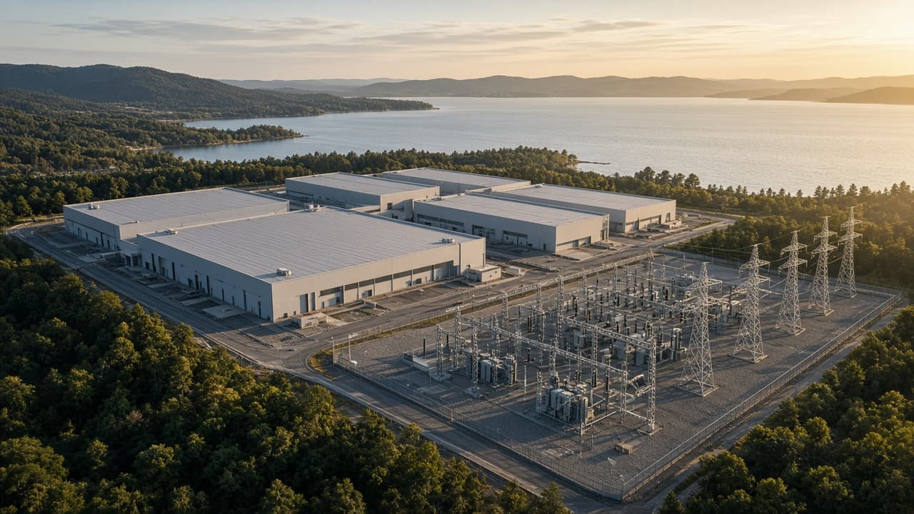 Aerial view of a lakeside data center campus with a substation and transmission towers