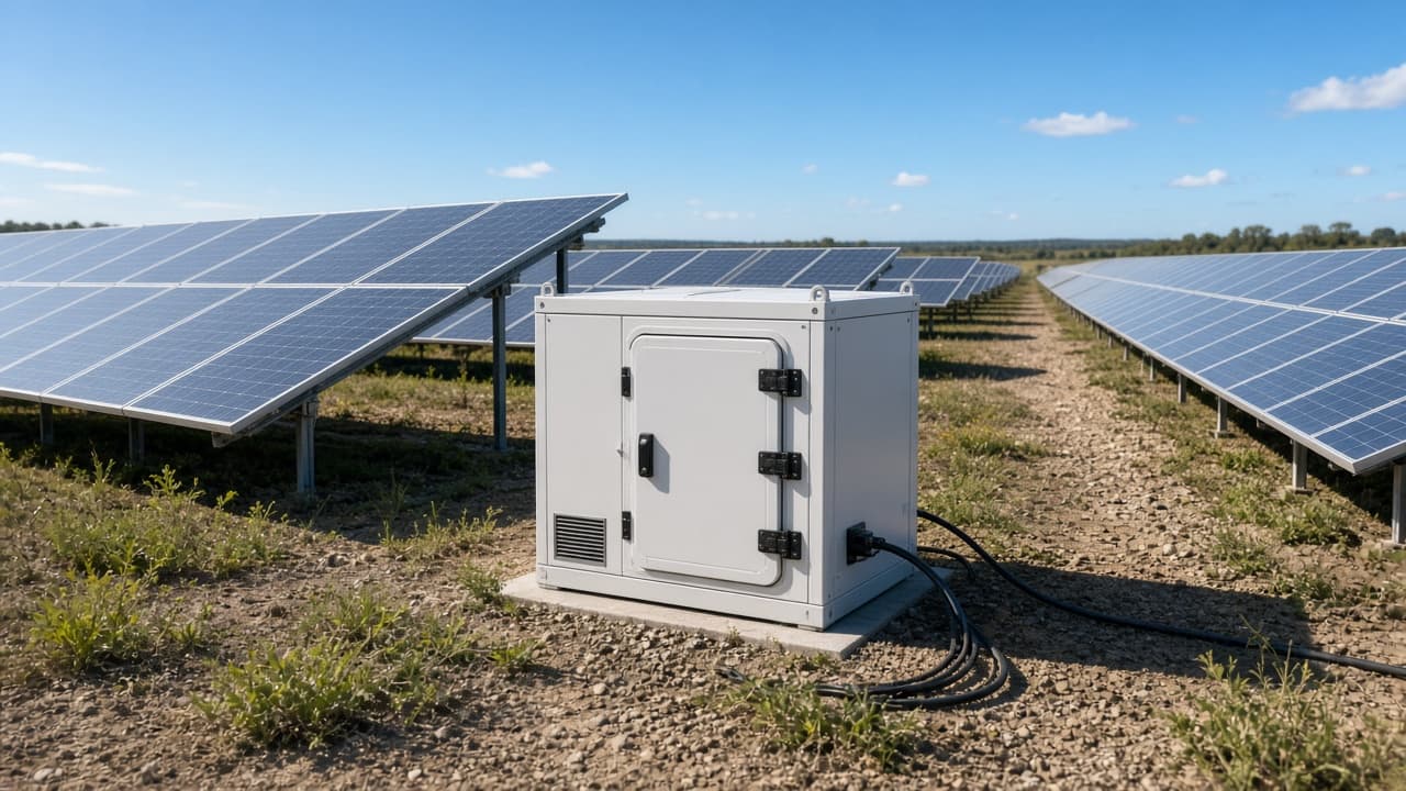 Small white compute container sitting between rows of solar panels on a sunny day
