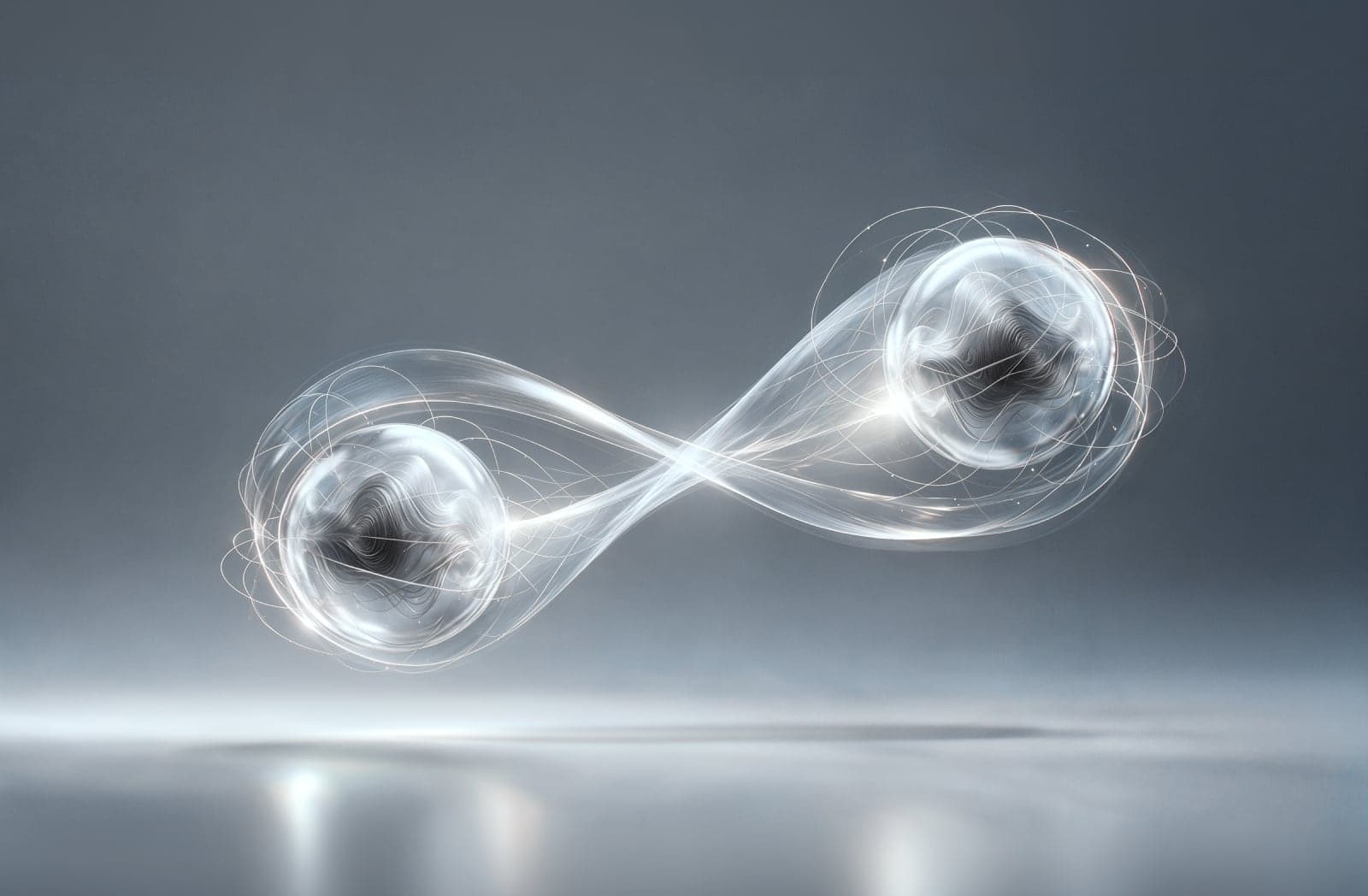 Abstract IQM illustration of two glowing, linked spheres joined by intertwined light strands, representing quantum entanglement