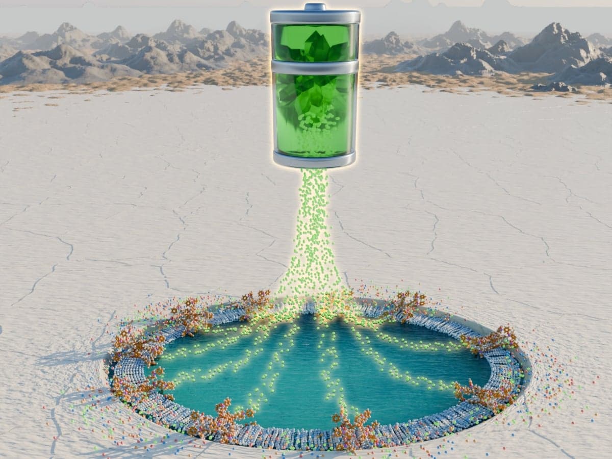 Illustration of lithium ions streaming from a circular channel into a green battery, for lithium extraction nanochannels