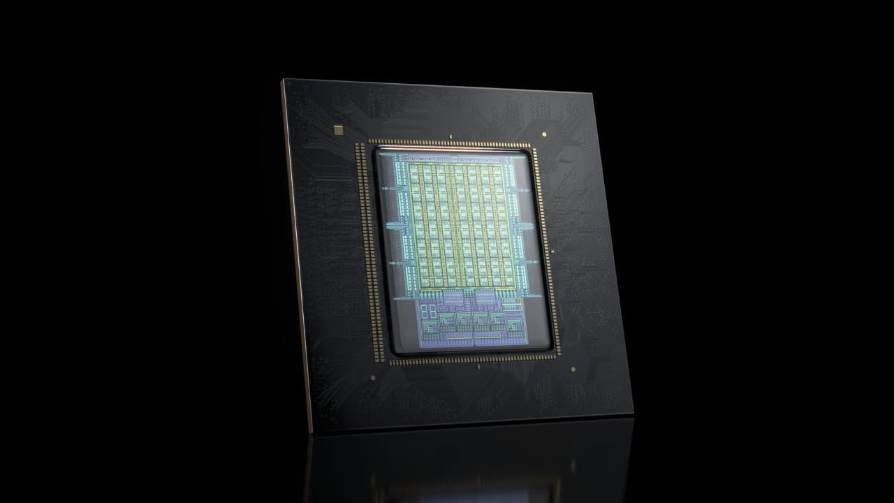 NVIDIA Vera CPU package on a black background, with the die layout visible under the heat spreader