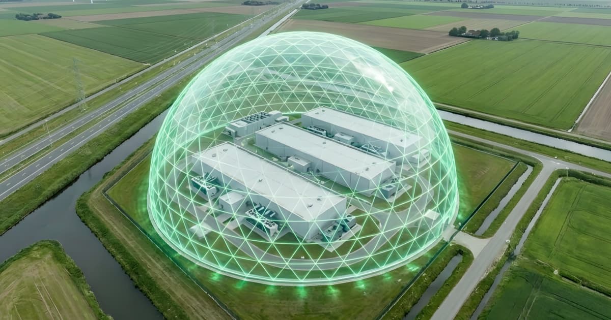 Arbol illustration of a data center campus under a translucent green dome, released with its moratorium cover launch