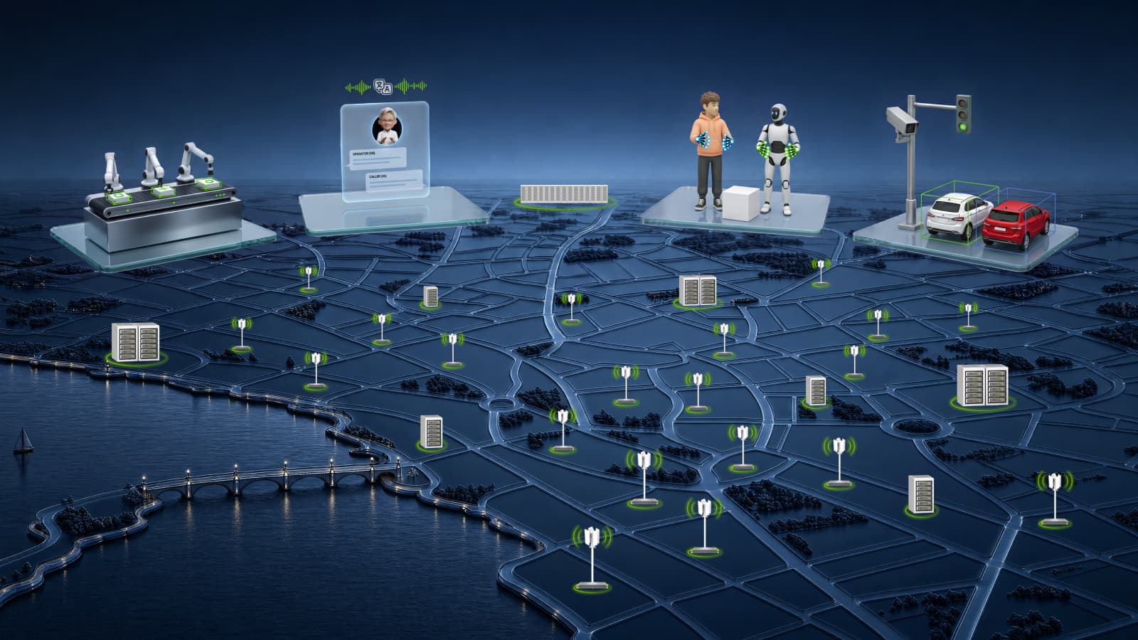 NVIDIA illustration of AI-RAN: cell towers and GPU server racks spread across a night-time city map