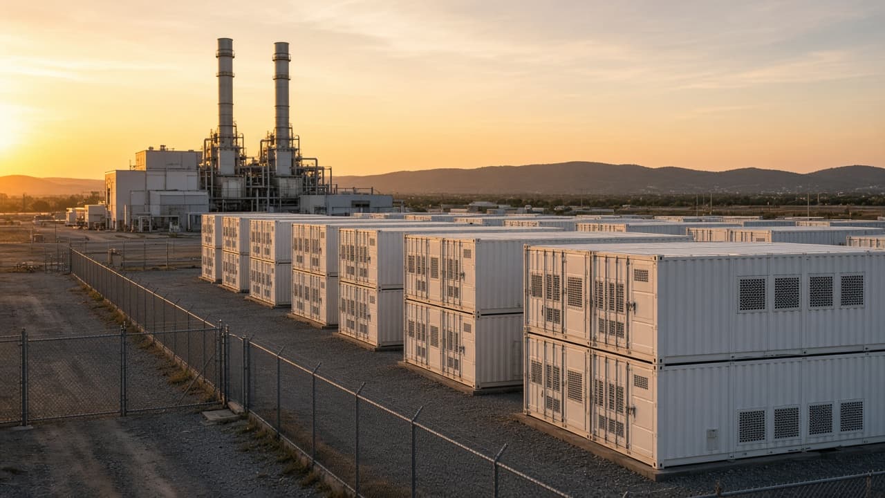Rows of white containerized battery storage units with a gas turbine peaker plant behind them at sunset