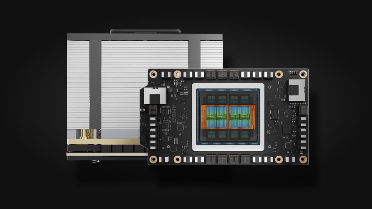 AMD Instinct MI350-series accelerator module shown front-on with its heatsink behind it on a dark background