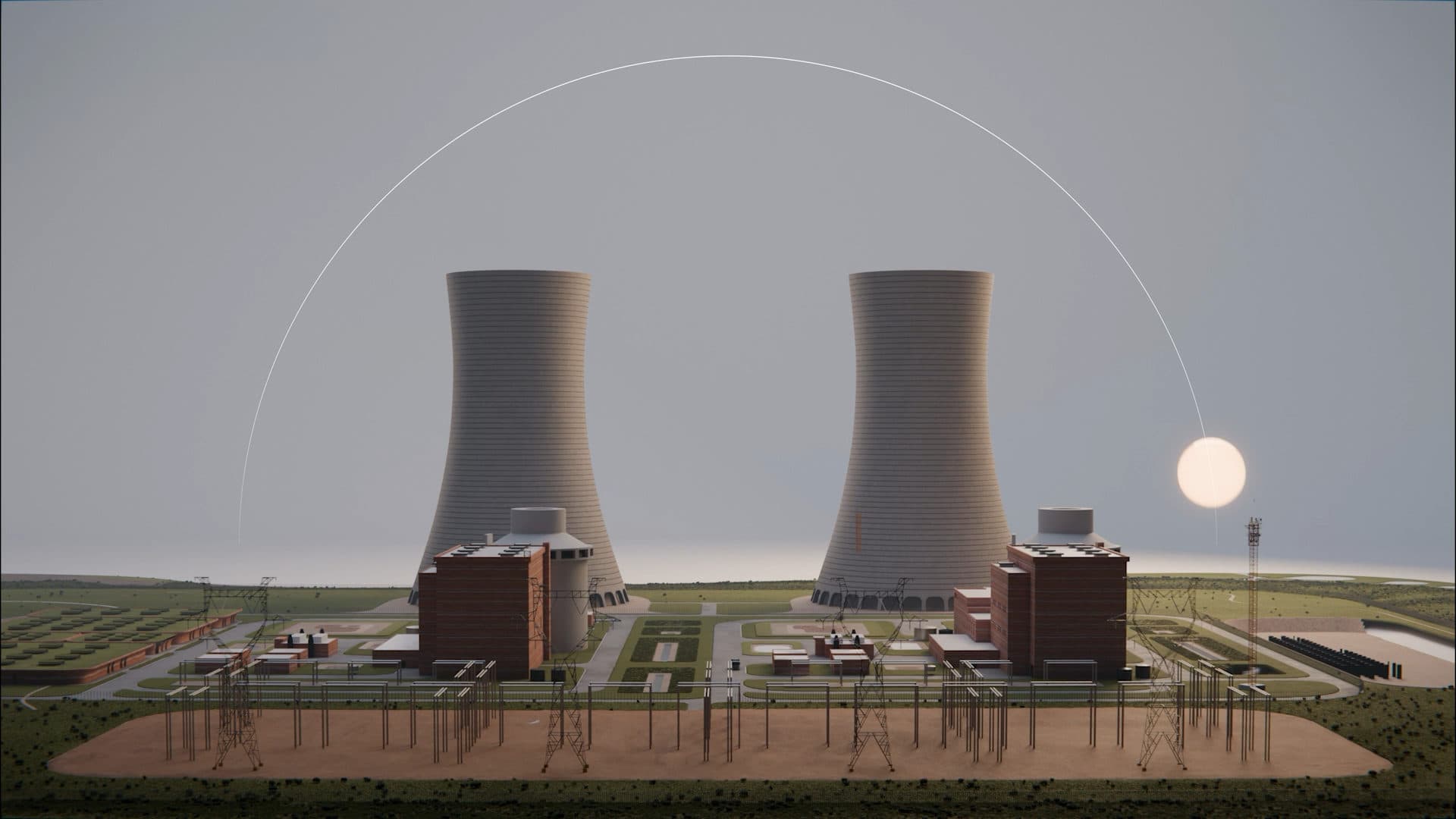 Computer rendering of a twin-cooling-tower nuclear power plant with switchyard, shown on The Nuclear Company website