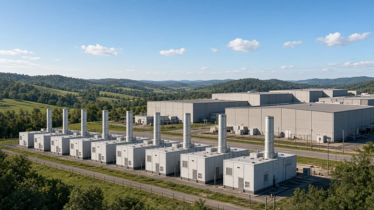 Row of gas turbine generator enclosures with exhaust stacks beside large data center buildings in green hills