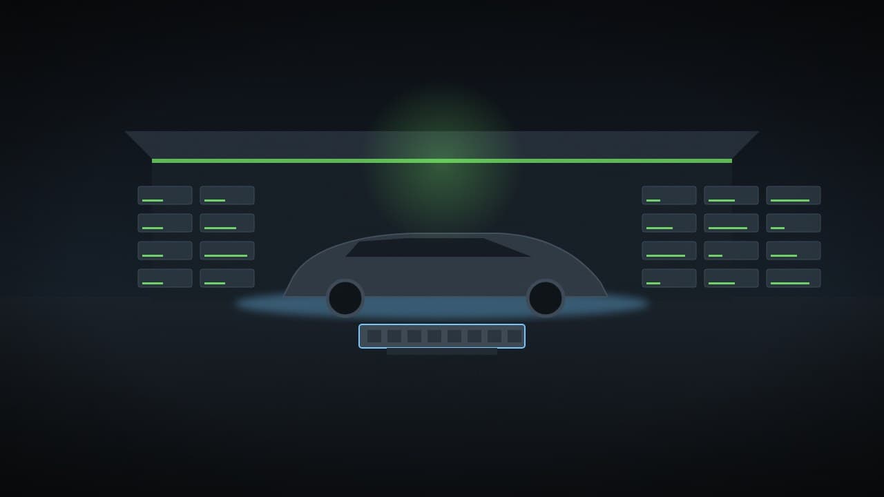 Illustration of a generic electric car parked over a lit swap bay while a battery pack lowers beneath it, with racks of charged packs on both sides.