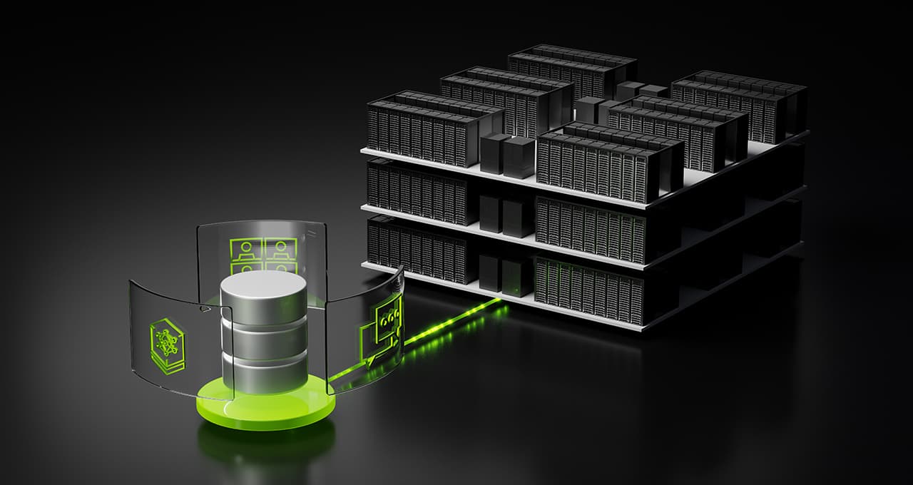 NVIDIA rendering of a storage system linked by a glowing green connection to racks of AI servers