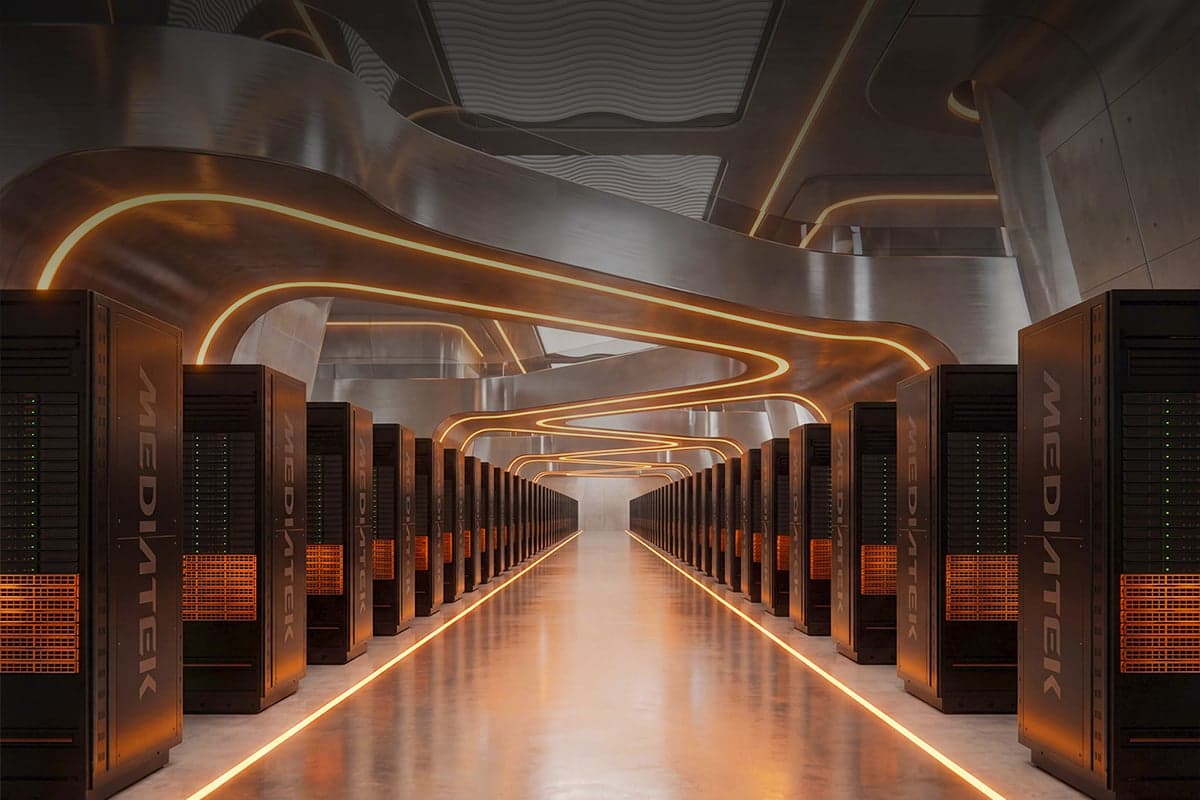 Rows of black MediaTek-branded server racks along a lit corridor in a data center, in a MediaTek illustration