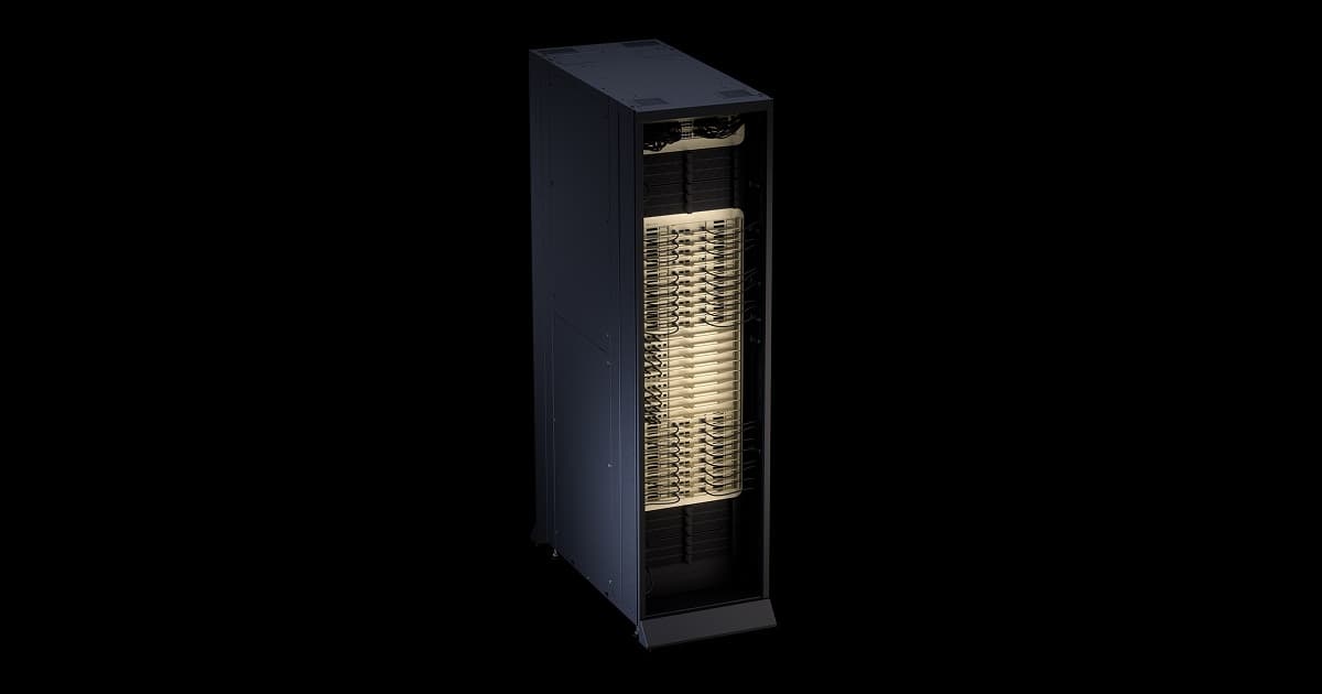 NVIDIA Vera Rubin NVL72 liquid-cooled rack cabinet with its open front lit against a black background