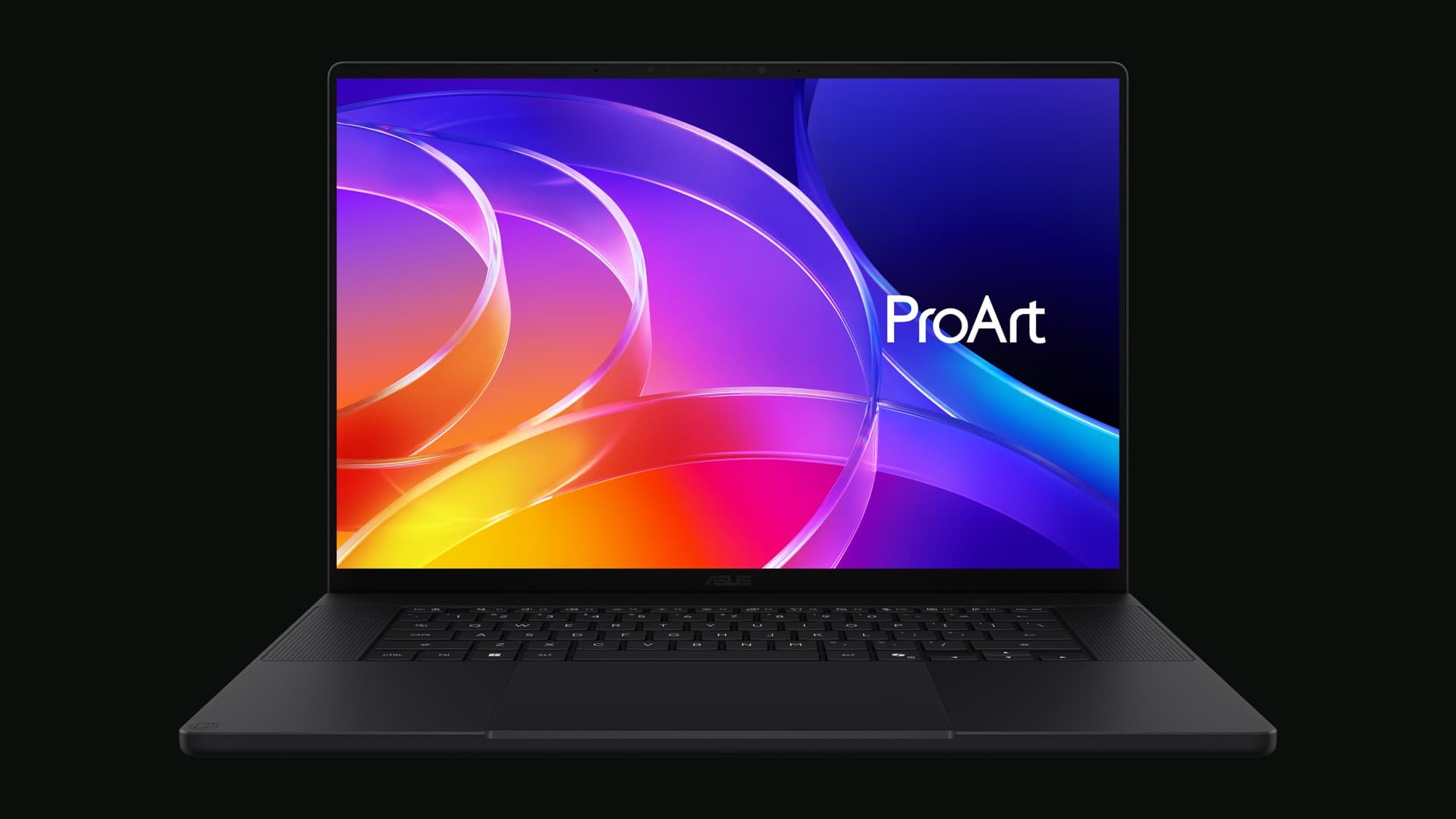 ASUS ProArt P16 laptop open, front view, with the ProArt logo on its OLED screen