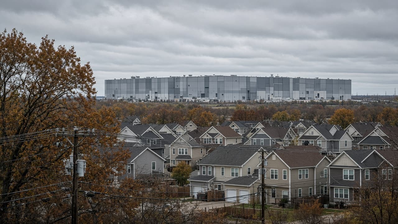 Rows of suburban houses and power lines with a large data center building on the horizon in autumn