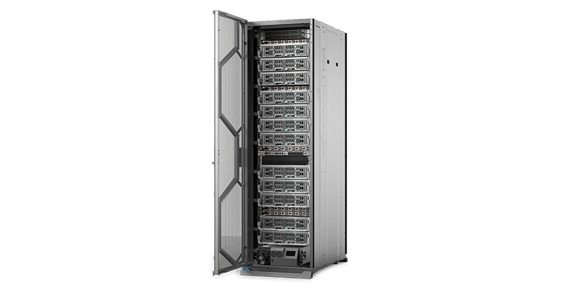 A Dell integrated AI server rack with its door open, showing stacked compute trays