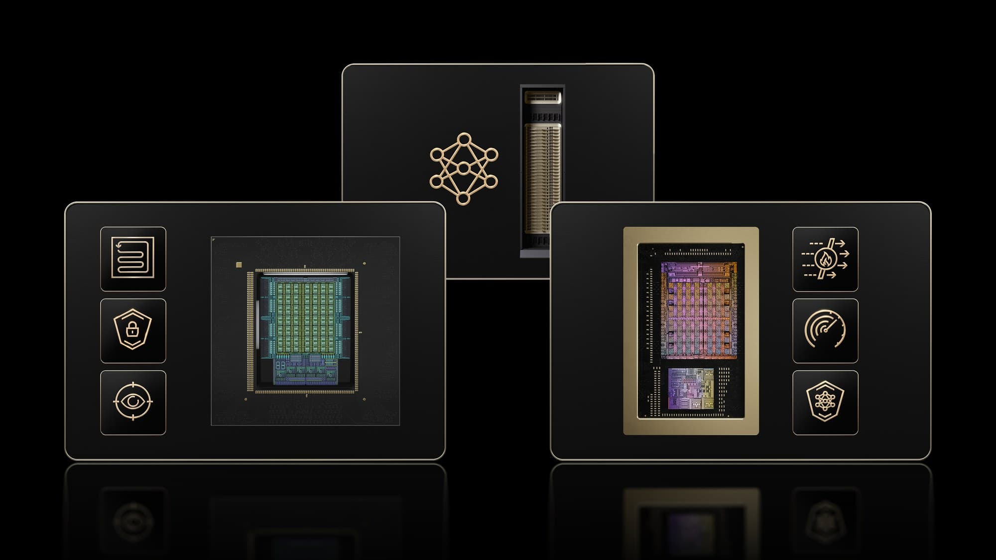 NVIDIA OpenShell Reference Architecture hardware, three chip packages on black panels, from the GTC Berlin launch