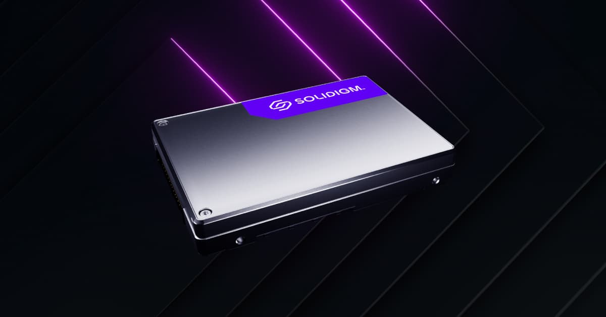 Solidigm enterprise SSD with the Solidigm logo on a dark background with purple light lines