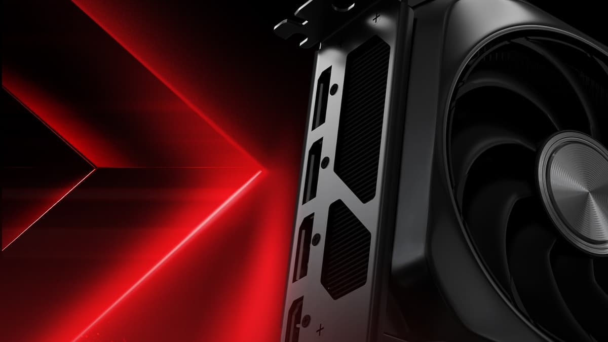AMD Radeon RX 9000 series graphics card against red light beams, AMD product imagery for Adrenalin 26.10.2