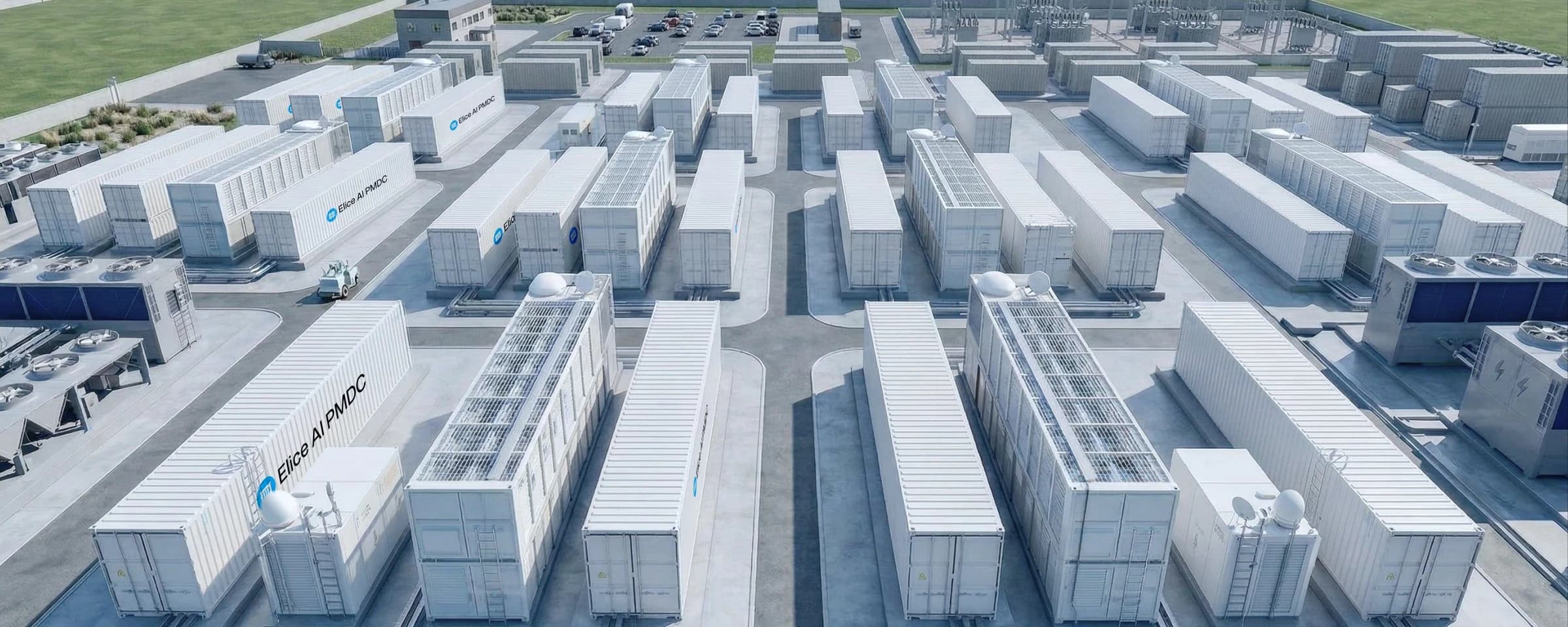 Aerial view of Elice AI PMDC modular data center containers and cooling units on a site