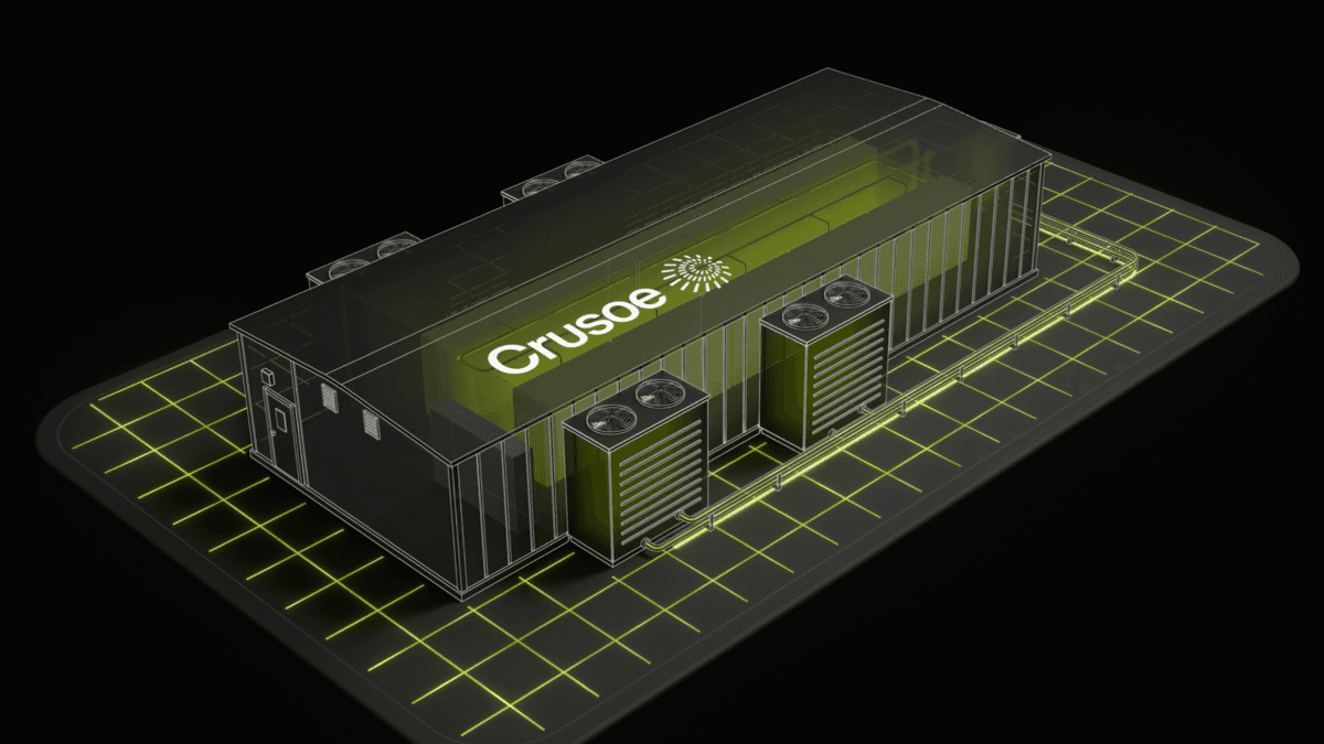 Company rendering of a Crusoe Spark Liquid modular data center unit with external cooling equipment