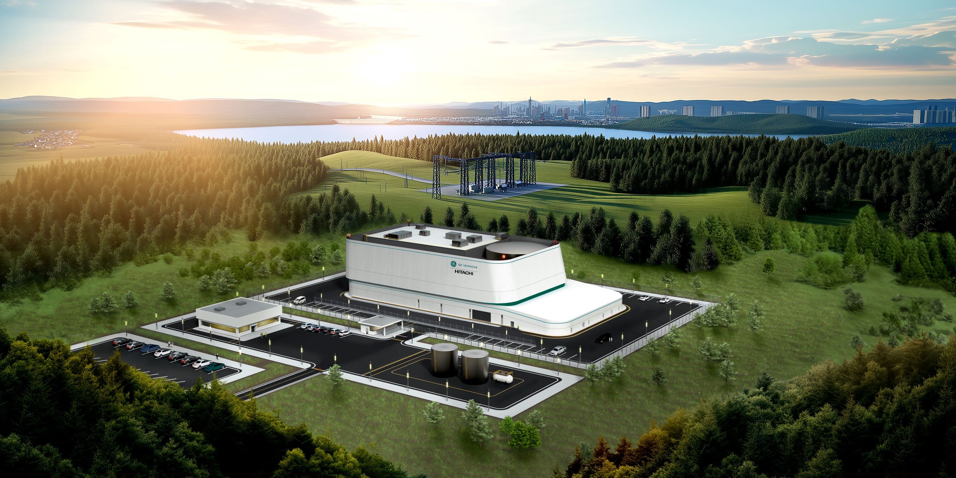 Rendering of a GE Vernova Hitachi BWRX-300 plant, the boiling-water reactor Elementl plans to use for an up to 1.5 GW project in Meigs County, Ohio.