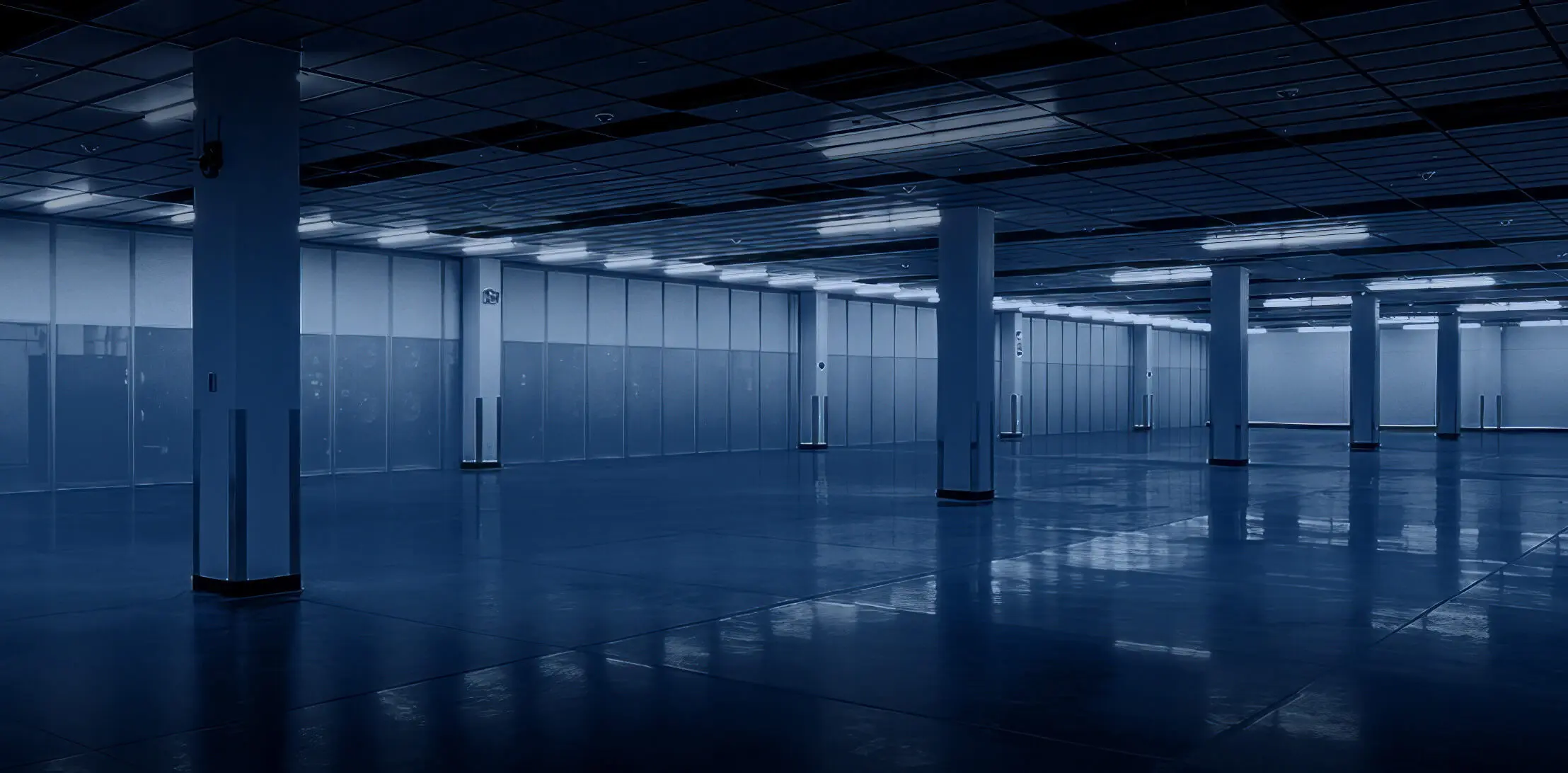Empty Vantage data hall with rows of support columns and a polished floor under ceiling lights