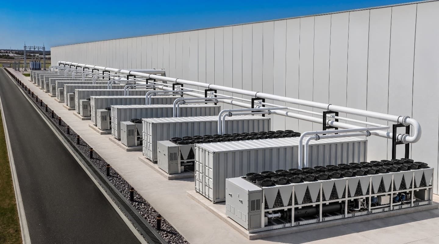 Row of LG air-cooled chiller units with white coolant piping along the wall of a large data center building