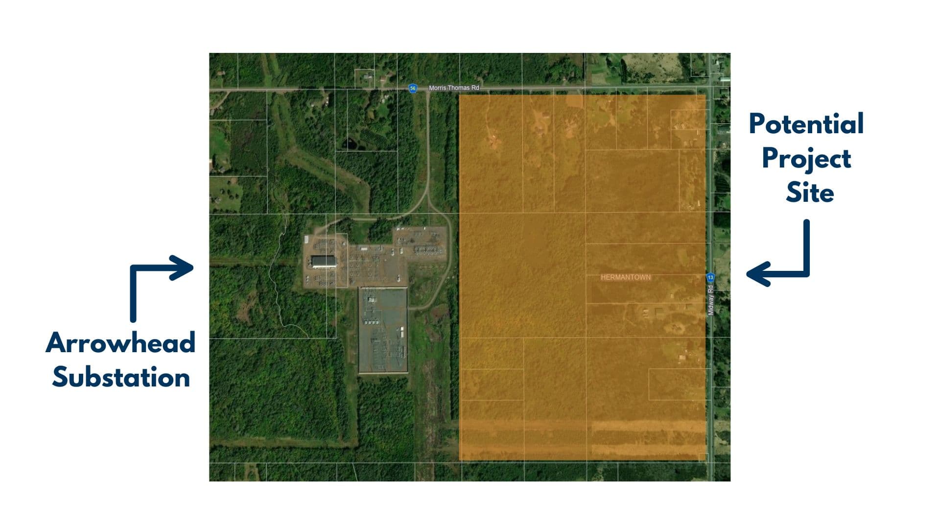 Aerial site map of the potential Google data center project site beside the Arrowhead Substation in Hermantown, Minnesota