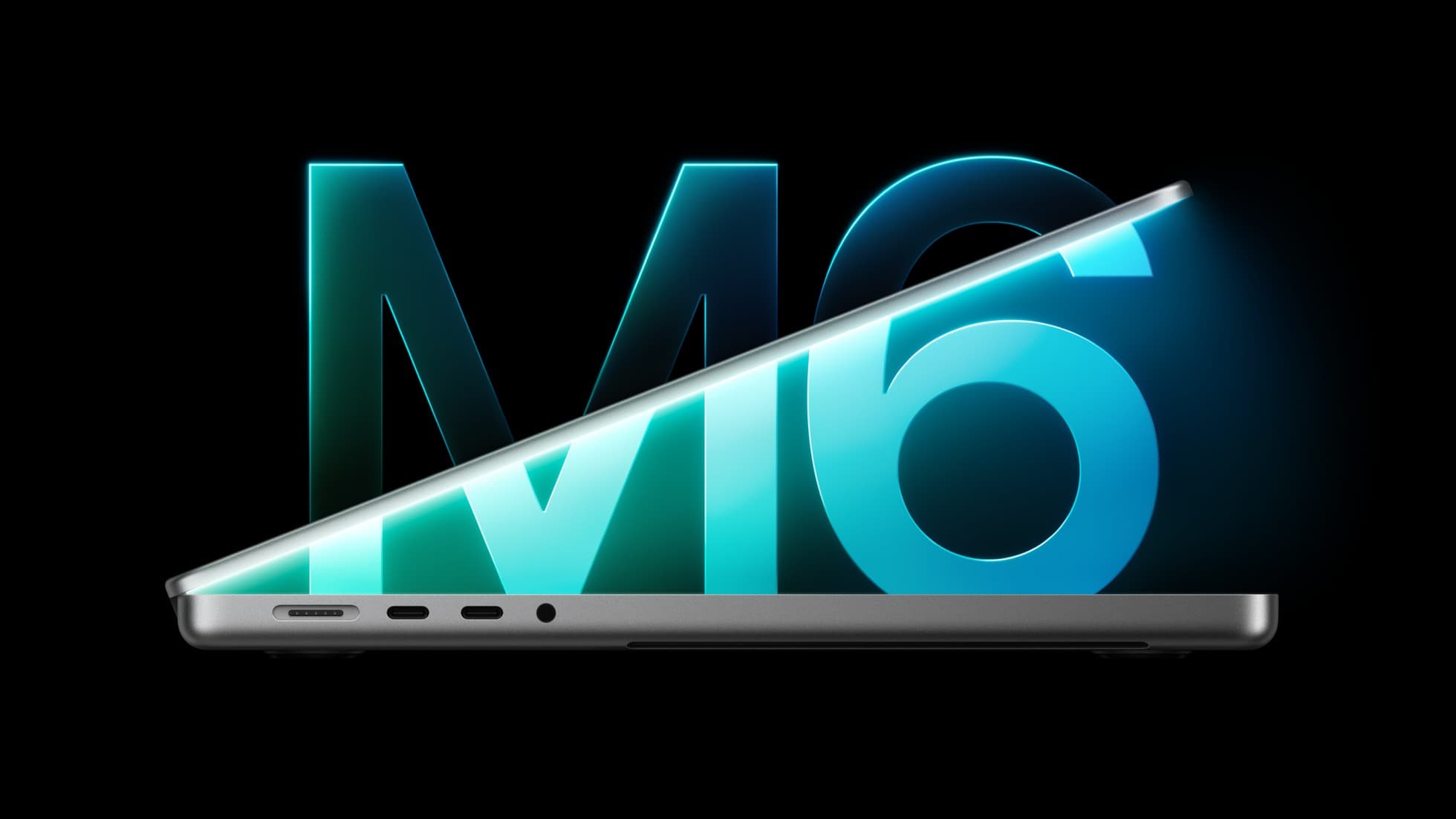 Apple 14-inch MacBook Pro with its lid half open in front of a glowing M6 logo