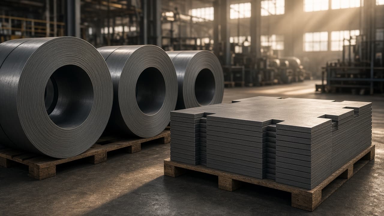 Coils and stacked sheets of grain-oriented electrical steel on pallets in a factory
